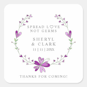 Custom Purple Floral Wreath Wedding Sanitizer Gel Square Sticker