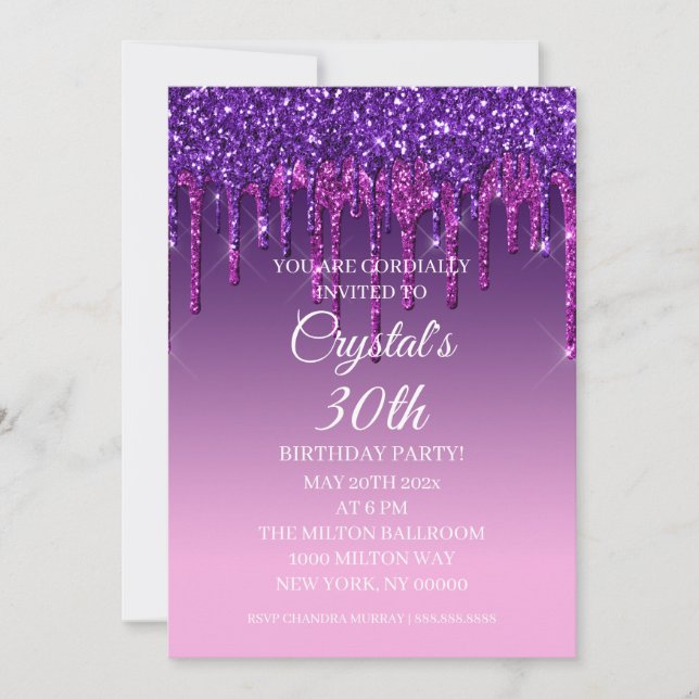 Custom Purple Glitter Drip Happy Birthday Invitation (Front)