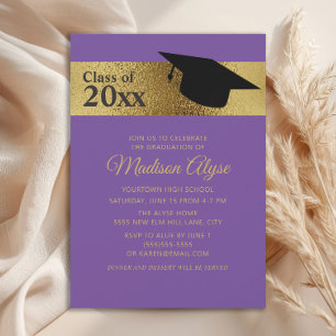 Custom Purple Gold Black Cap Graduation Invitation