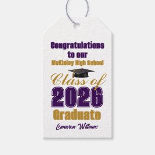 Custom Purple Gold Class of 2026 Graduation Party Gift Tags
