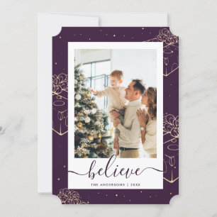 Custom Purple Gold Photo Believe Christmas Cards
