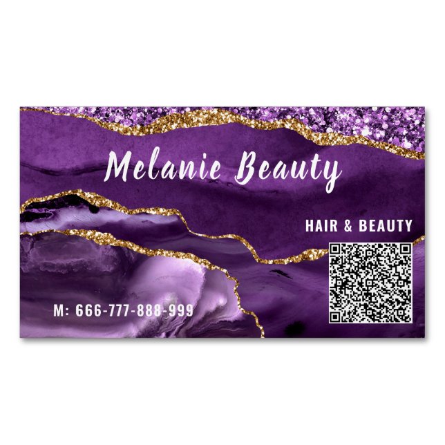 Custom Purple Gold QR Code Magnetic Business Card (Front)