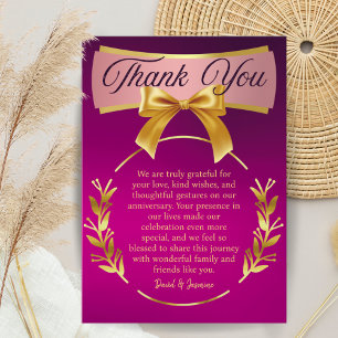 Custom Purple & Gold Wedding Anniversary Party Bow Thank You Card