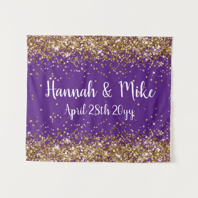 Custom Purple & Gold Wedding Backdrop Photo Booth Tapestry (Front (Horizontal))