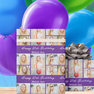 Custom Purple Happy Birthday Photo Collage Wrapping Paper
