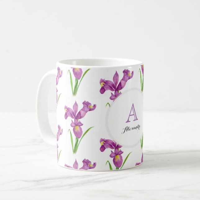 Custom Purple Irises Floral Art Monogram Circle Coffee Mug (Front Left)
