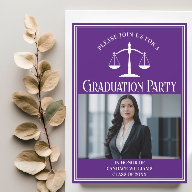 Custom Purple Law School Graduation Photo Party Invitation (Creator Uploaded)