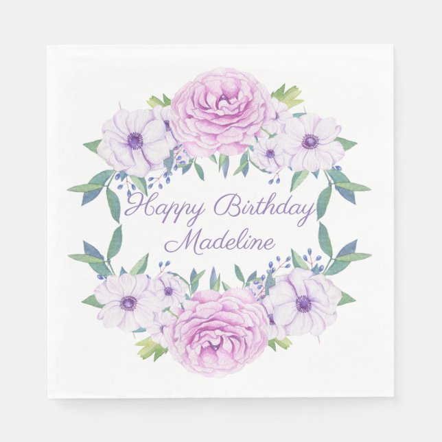 Custom Purple Lilac Lavender Floral White Birthday Napkin (Front)