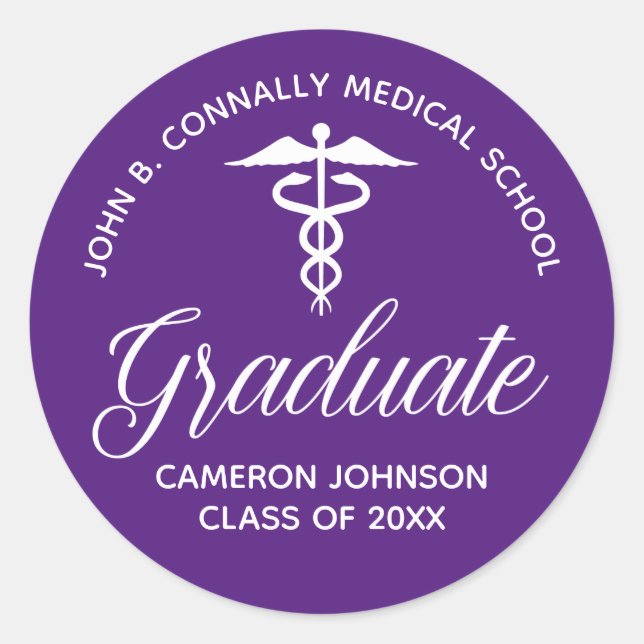 Custom Purple Medical School Graduation Party Classic Round Sticker (Front)