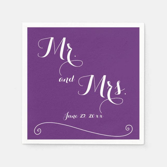Custom Purple Mr. and Mrs. Wedding Napkins (Front)