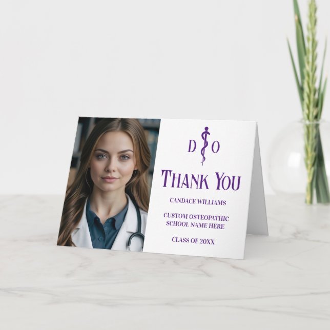 Custom Purple Osteopathic Medical Doctor Photo Thank You Card (Front)
