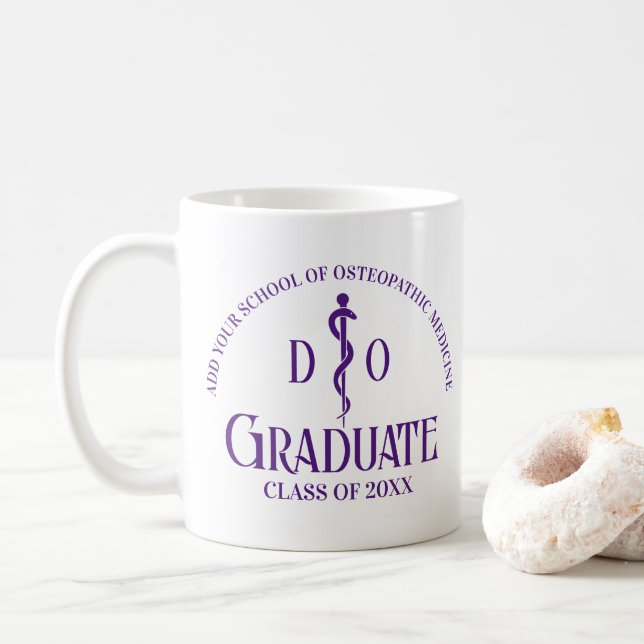 Custom Purple Osteopathic Medical School Graduate Coffee Mug (With Donut)