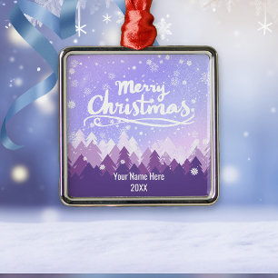 Custom Purple Peaceful Snow Forest Christmas Metal Ornament