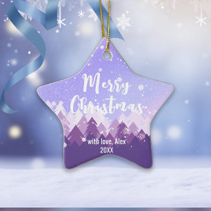 Custom Purple Peaceful Snow Forest Merry Christmas Ceramic Ornament