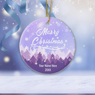 Custom Purple Peaceful Snow Forest Merry Christmas Ceramic Ornament