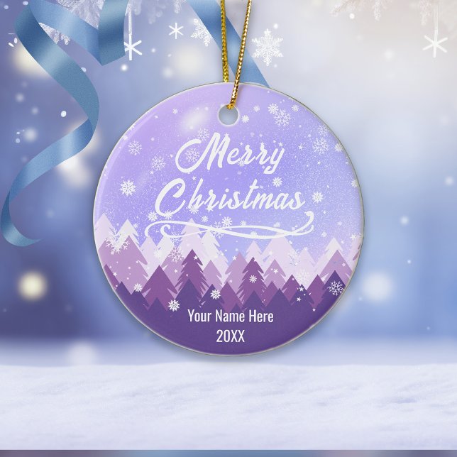 Custom Purple Peaceful Snow Forest Merry Christmas Ceramic Ornament (Creator Uploaded)