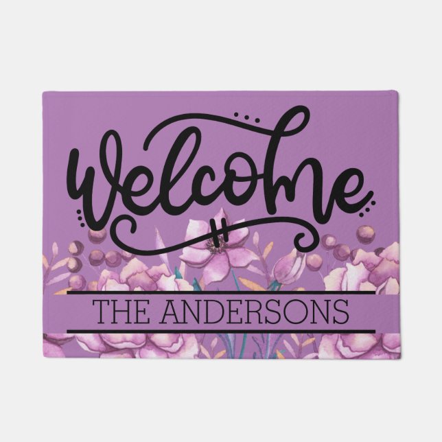 Custom Purple Peonies Floral Welcome Doormat (Front)
