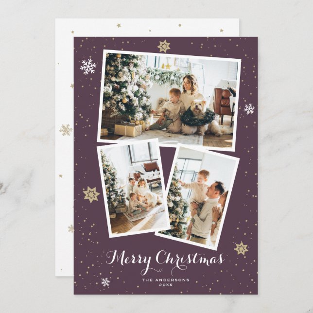 Custom Purple Photo Collage Merry Christmas Cards (Front/Back)