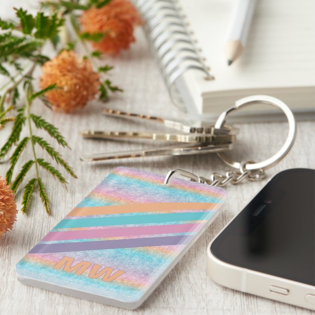 Custom Purple Pink Aqua Orange Retro Stripes Key Ring (Front Right)