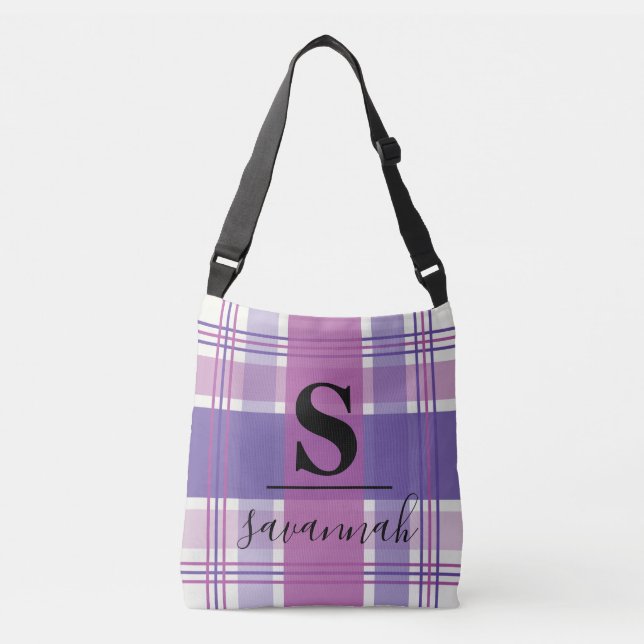 Custom Purple Plaid Tartan Monogram Name Crossbody Bag (Front)