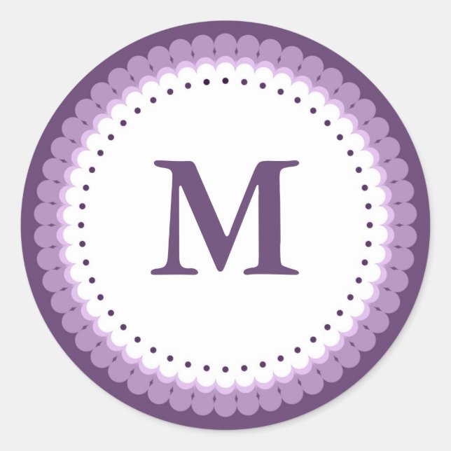 Custom Purple Scalloped Monogram Classic Round Sticker (Front)