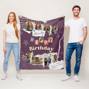 Custom Purple Scrapbook Birthday Photo Collage Fleece Blanket
