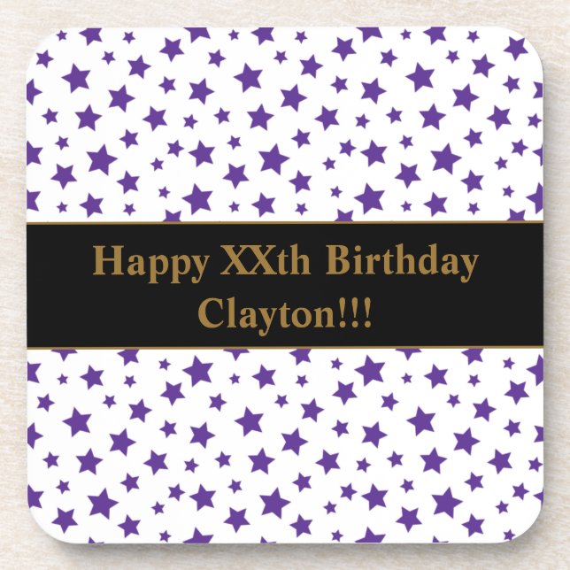 Custom Purple Stars With Message Birthday Party Coaster (Front)