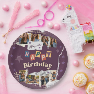 Custom Purple Sweet 16 Photo Collage Paper Plate