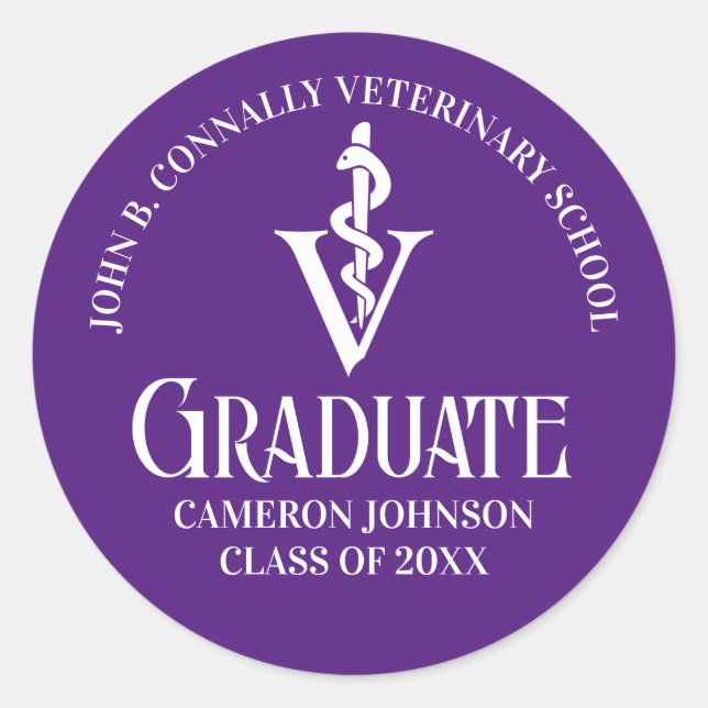 Custom Purple Veterinary School Graduation Party Classic Round Sticker (Front)