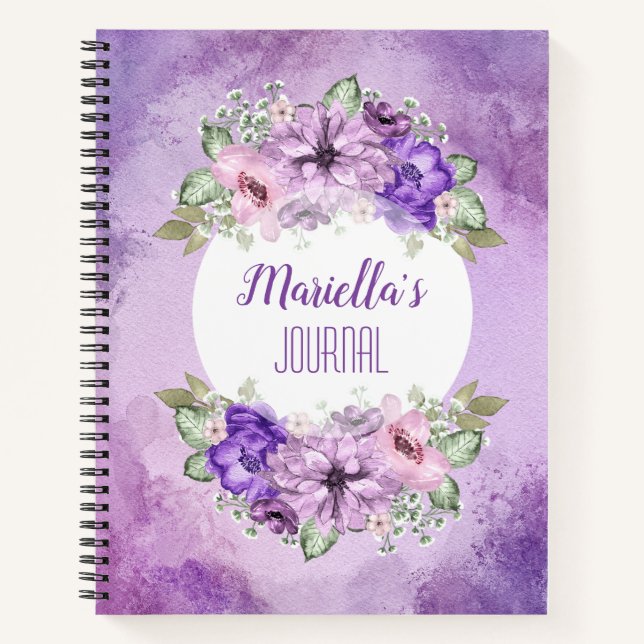 Custom Purple Watercolor Flowers Notebook (Front)