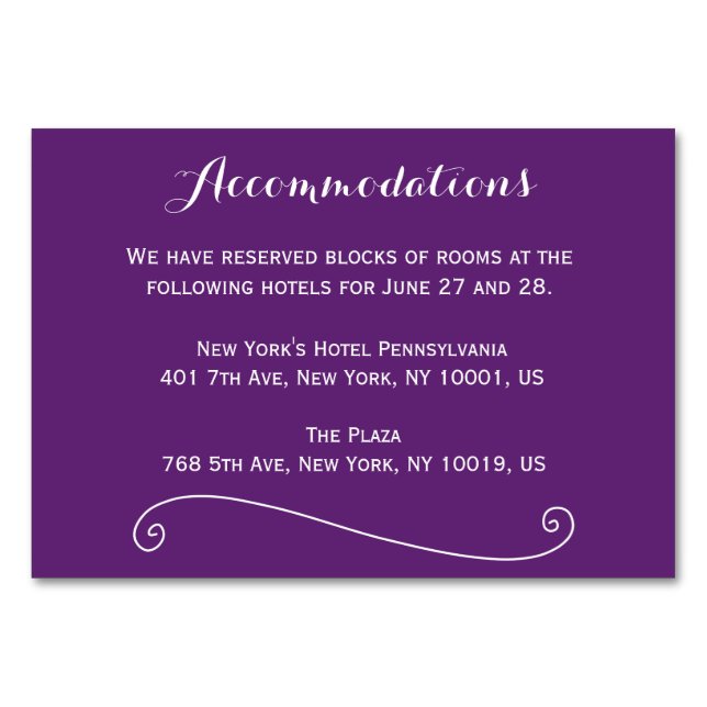 Custom Purple Wedding Accommodation Cards (Front)