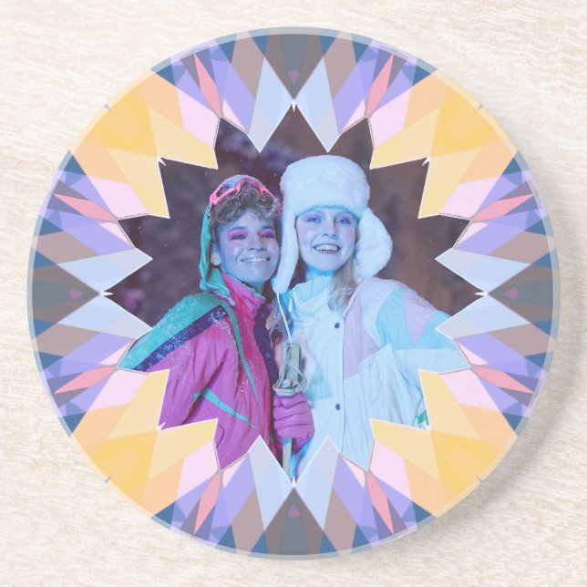 Custom Purple Yellow Christmas Star Photo Gift Coaster (Front)