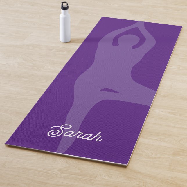 Custom purple yoga mat with tree pose silhouette (In Situ)