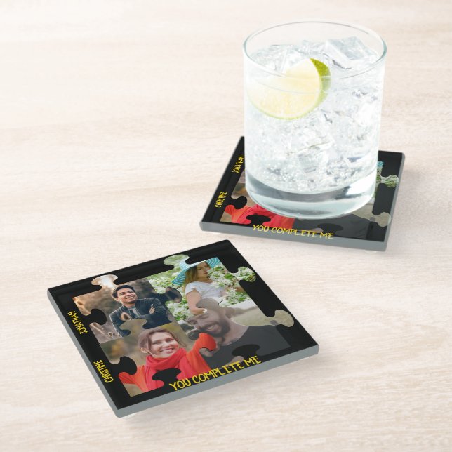 Custom puzzle piece photo You complete me couple Glass Coaster (Angled)