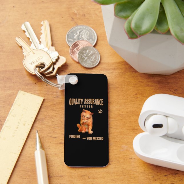 Custom QA Tester Cat Humour Key Ring (Desk)
