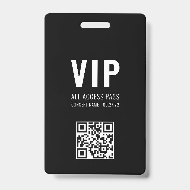 Custom QR Code Black White VIP All Access Pass ID Badge (Front)