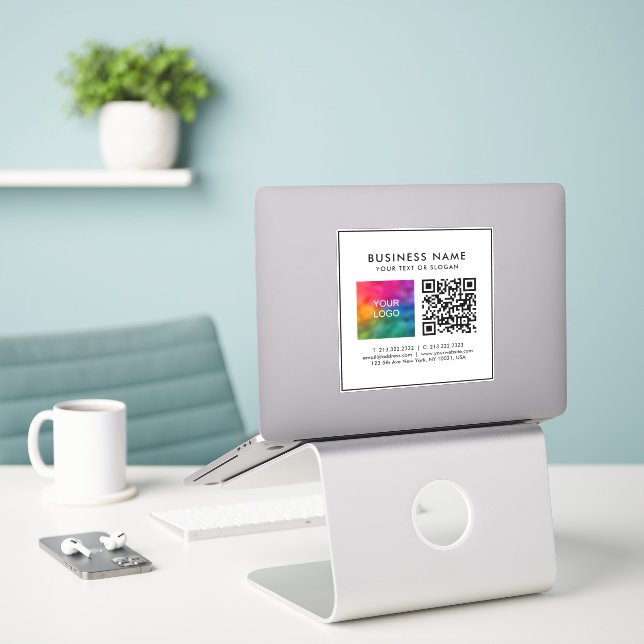 Custom QR Code Business Logo Add Text Matte White (Laptop On Desk)