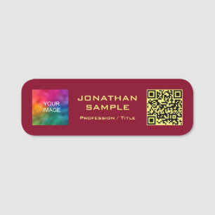Custom QR Code Gold Text Upload Photo or Logo Red Name Tag