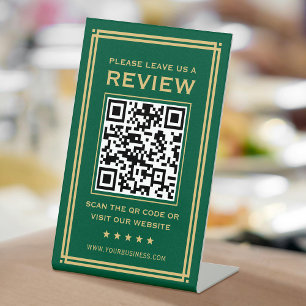 Custom QR Code Leave a Review Classic Green Gold Pedestal Sign