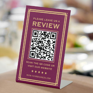 Custom QR Code Leave a Review Classic Plum Gold Pedestal Sign