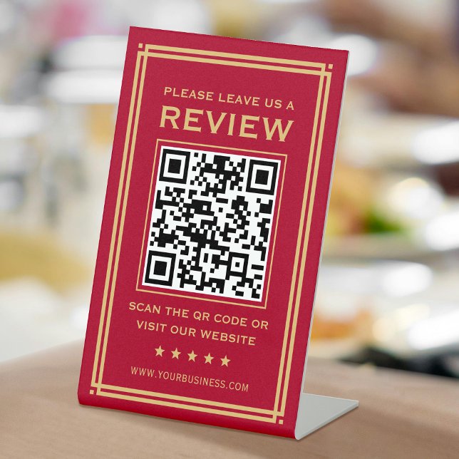 Custom QR Code Leave a Review Classic Red Gold Pedestal Sign (Creator Uploaded)