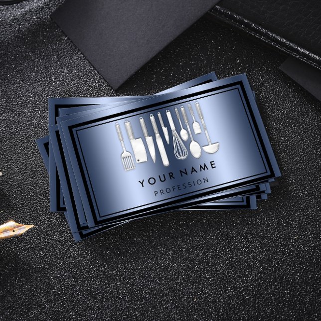 Custom QR CODE Logo Restaurant Cooking  Chef  Blue Business Card (Creator Uploaded)