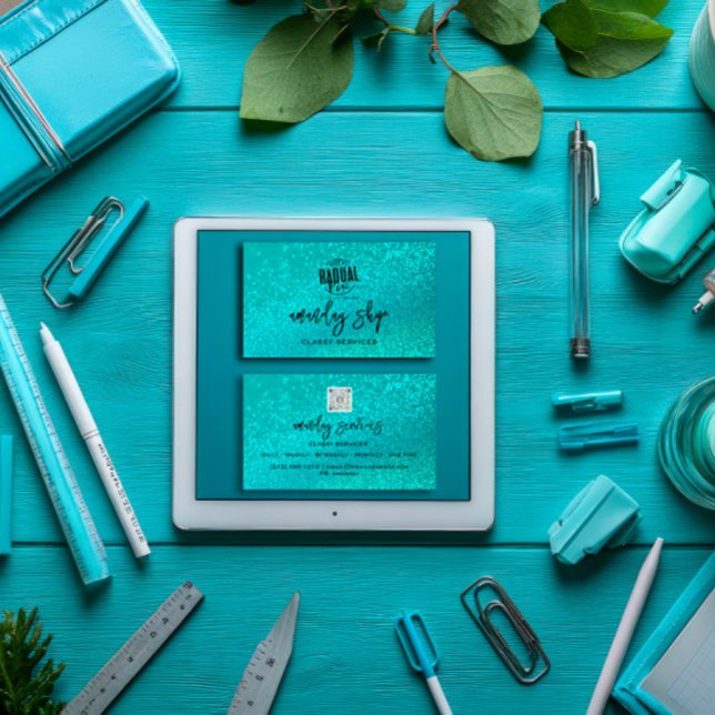 Custom Qr Code Logo Social Media Glitter Teal Business Card (Custom Qr Code Logo Social Media Glitter Teal Business Card)