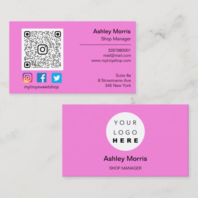 Custom QR Code Logo Social Online Shop Pink Business Card (Front/Back)