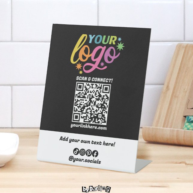 Custom QR Code Logo Socials Black White Rainbow Pedestal Sign (Pedestal Sign Custom Logo QR Code Black White Rainbow Modern Basic)