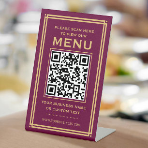 Custom QR Code Menu Contactless Classic Plum Gold Pedestal Sign