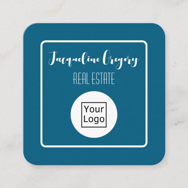 Custom QR Code Modern Logo Navy Small Business Square Business Card (Front)
