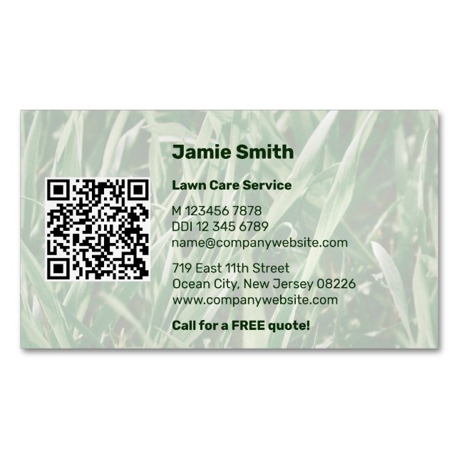 Custom QR Code Photo Green Lawn Care Magnetic Business Card (Front)