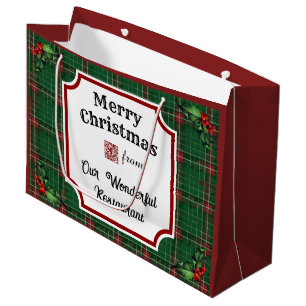 Custom QR Code Restaurant Christmas Green Plaid Large Gift Bag