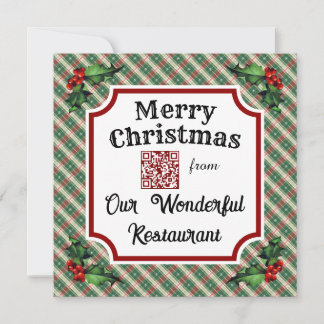Custom QR Code Restaurant Christmas Plaid Holiday Card